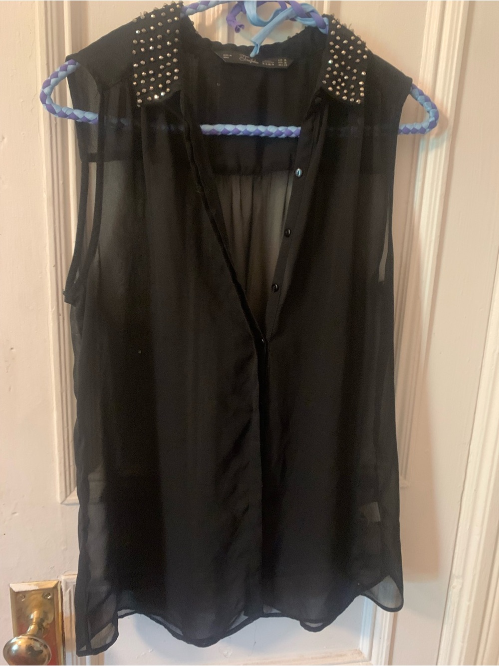 Zara Black Sheer Sleeveless Blouse with Studded Collar